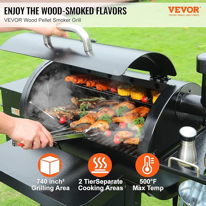 VEVOR Smoker Grill, Portable Wood Pellet Grill with Cart, 8 IN 1 BBQ Grill with PID Temperature Control for Outdoor Cooking, Barbecue Camping, Picnic, 730 sq, Patio and Backyard, Black