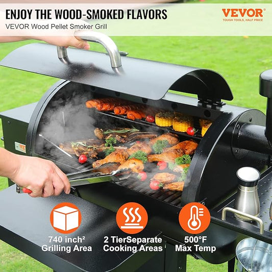 VEVOR Smoker Grill, Portable Wood Pellet Grill with Cart, 8 IN 1 BBQ Grill with PID Temperature Control for Outdoor Cooking, Barbecue Camping, Picnic, 730 sq, Patio and Backyard, Black
