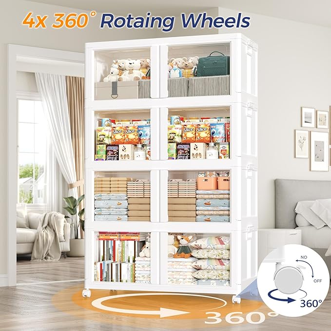 360Qt Stackable Storage Bins with Lid and Wheels, 90Gal Plastic Closet Organizer and Storage Drawer, Large Collapsible Storages Box Cabinet with Clear Door for Home Kitchen Office, 3Pack White