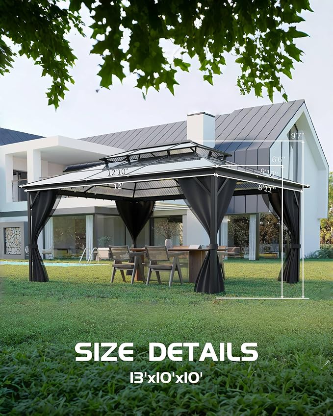 GarveeLife Hardtop Gazebo 10 ft x13 ft for All Weather, Double Polycarbonate Sheets Roof, Aluminum Alloy Frame, Net, and Curtain, Permanent Building for Patio, Deck, Backyard, Lawn, and Garden