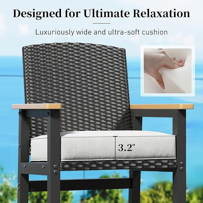 Outdoor Bar Set 3 Piece, All Weather HDPE High Top Table and Wicker Bar Chairs with 3.2” Cushion, Bar Height Patio Set for Backyard Poolside, Black