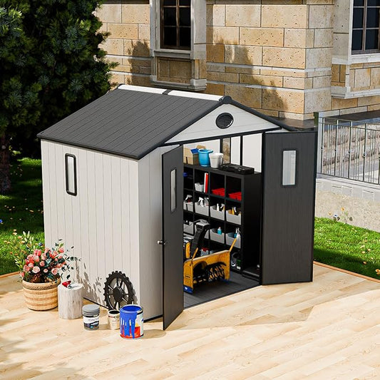COOS BAY 8x6 Outdoor Resin Storage Shed with Floor, 2 Lockable Doors, All-Weather Durable Garden Shed for Tools & Equipment, White/Gray