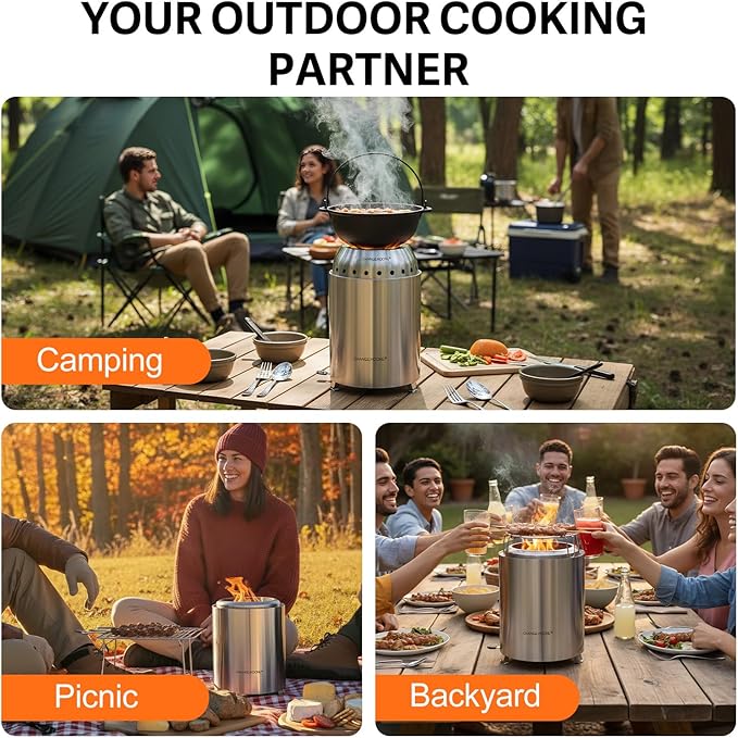CHANGE MOORE Table Fire Pit Set & Cap, Portable Smokeless Firepit with Flodable Stand, Secondary Burn Fueled by Pellets or Wood, 201 Stainless Steel Table Top Firepit for Patio, Camping, Backyard
