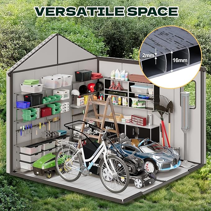 MELLCOM 8 x 8 FT Outdoor Storage Tool Shed with Floor, Resin Storage Shed with Windows and Lockable Door for Bike, Lawnmower, Pool Supply