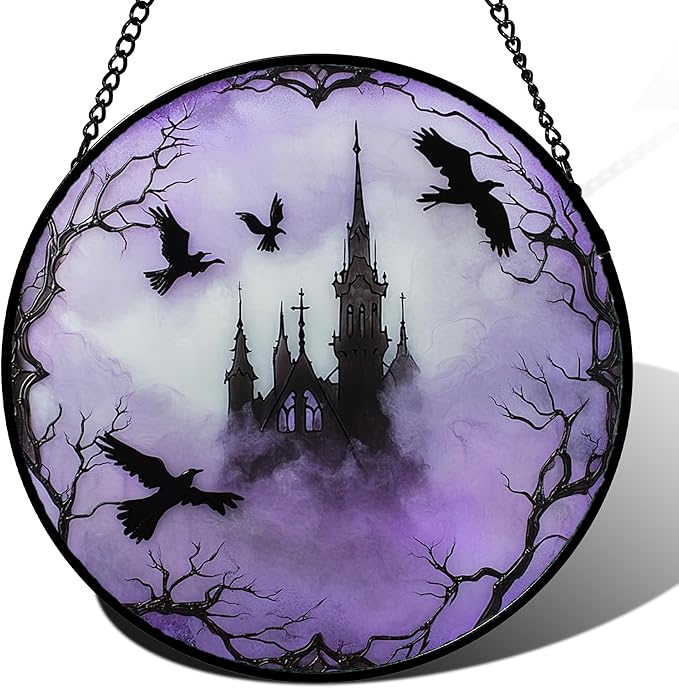 CRISGIF Stained Glass Window Hanging - Halloween Gothic Castle Purple Smoke Suncatcher for Doors Garden Home Spooky Crow Sun Catchers Gothic Decor Horror Gift for Women Men Friend Boy Girl 11.8 in
