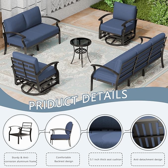 Aluminum Patio Furniture Set, 7 Seats Outdoor Patio Conversation Set with Swivel Chair Modern Metal Patio Sectional Sofa with Upgrade Cushions for Patio, Backyard Navy