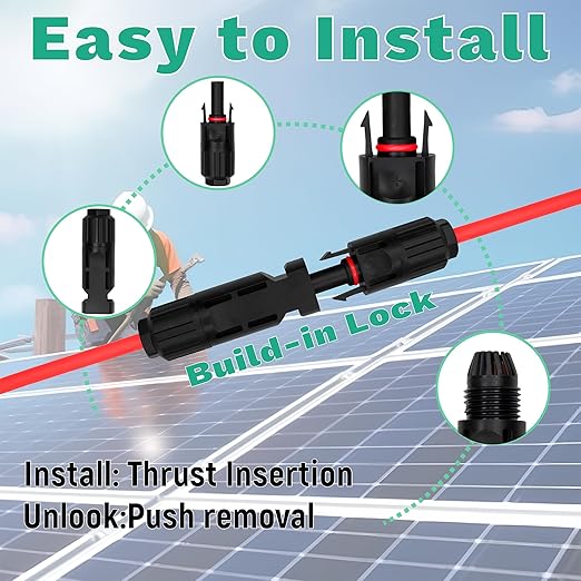 25 FT Solar Extension Cable, 10 AWG(6 mm²) Solar Panel Wire with 2 Pairs Female and Male Solar Connectors, PV Cable for Home, Boat, RV, Travel, Photovoltaic Systems(25FT Red + 25FT Black)