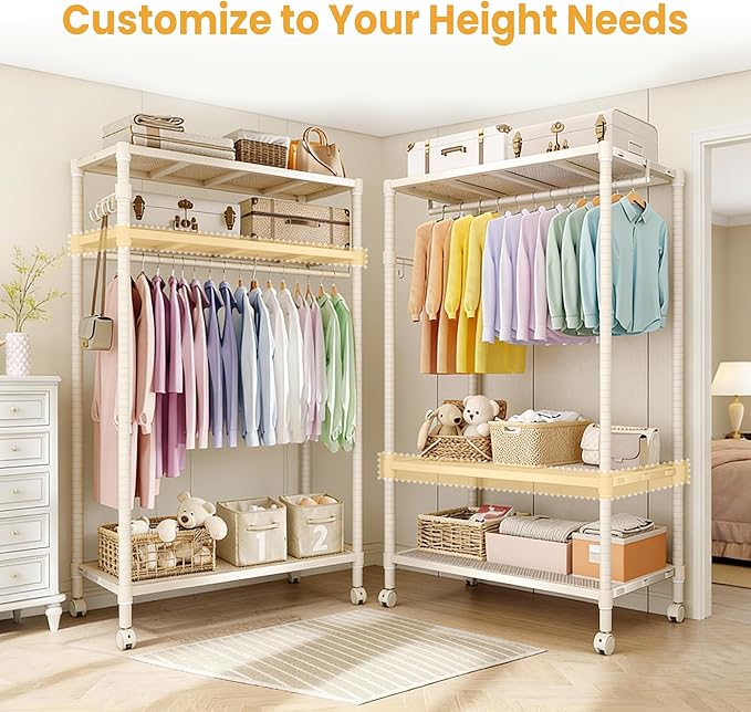 Heavy Duty Rolling Clothes Rack, 3-Tier Adjustable Garment Racks with Rods and Side Hooks, Freestanding Storage Closet Clothing Rack with Wheels for Bedroom Laundry Room Organization, White