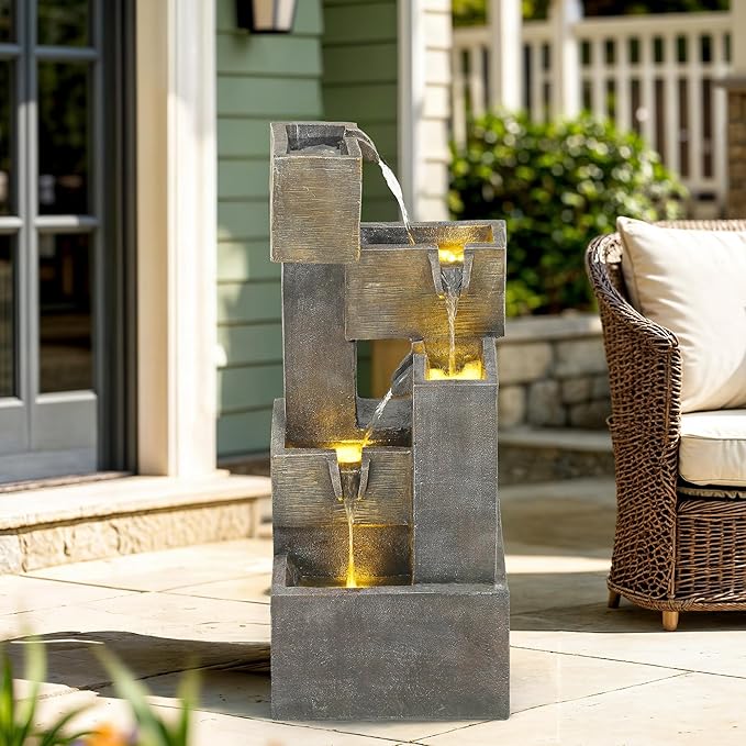 Autodaya 32.5" Modern Outdoor Water Fountain with LED Lights, 5-Tier Stacked Blocks Garden Fountain Cascading Waterfall Feature for Relaxing Garden, Patio, Backyard, Deck, Porch or Home Décor