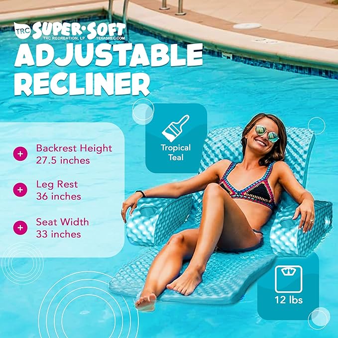 TRC Recreation Super Soft Portable Floating Swimming Pool Water Lounger Comfortable Adjustable Recliner Chair with 2 Armrest Cup Holders…