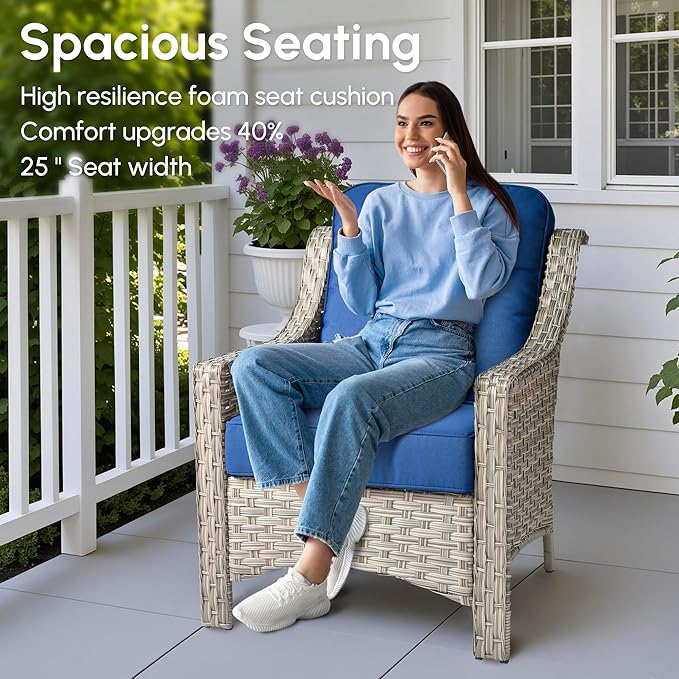 4 Pieces Patio Outdoor Furniture Set,All Weather Wicker Rattan Patio Seating Sofa and Chair Set w/ 3-Seater Sofa and Glowing Coffee Table,Outdoor Conversation Sets for Deck Yard Garden,Navy Blue
