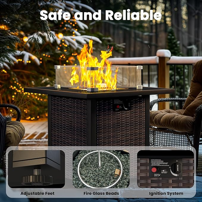 Propane Fire Pit Table, Outdoor Fire Pit Table, 28" Rattan Square Outdoor Gas FirePit with Glass Wind Guard, Tempered Glass Tabletop, Lid, CSA Listed, 50,000 BTU, Outside Patio Deck & Garden, Brown