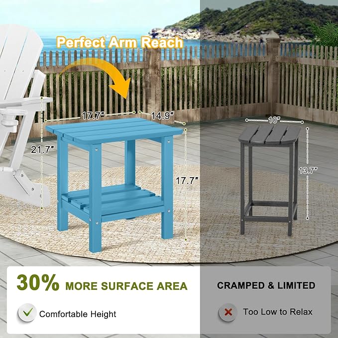 Adirondack Outdoor Side Table, 2-Tier Small Patio End Table, Weather Resistant HDPE Outdoor End Tables for Garden, Lawn, Pool, Beach, Porch, Deck, Backyard - Square, Blue