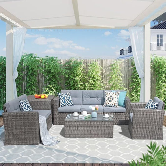 Super Patio 8 Pieces Outdoor Patio Furniture Set, Wicker Patio Conversation Sets with Storage Box, Rattan Outdoor Sectional Sofa Set with Cushions and Coffee Table for Outside Porch, Deck, Gray