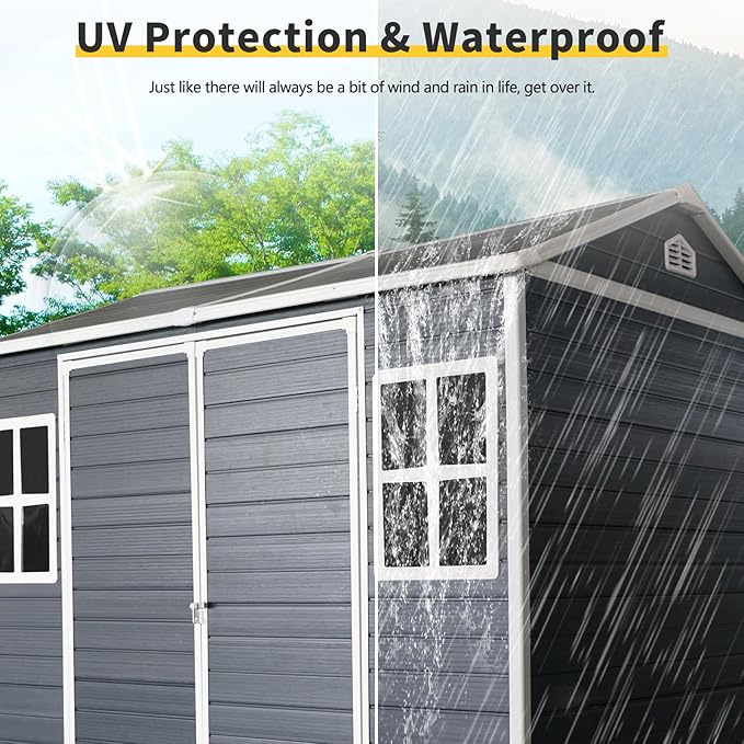 8x6 ft Outdoor Resin Storage Shed with Floor, Waterproof Plastic Garden Shed with Lockable Door and Two Windows, All-Weather Tool Sheds for Backyard, Patio, Lawn (Black)