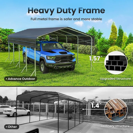 12x20Ft Heavy Duty Metal Carport – Outdoor Galvanized Garage, Sturdy Structure, All-Weather Protection, Easy Assembly for Cars, Trucks, Boats, Tractors, and Outdoor Storage (Grey, 12x20FT)
