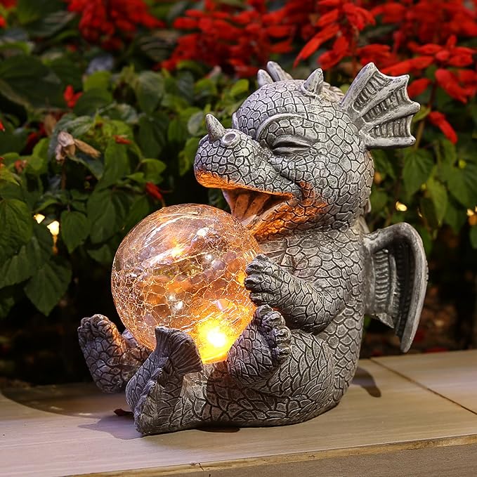 Jy.Cozy Garden Dragon Statue Solar Powered Outdoor Figurine Light Decor Cute and Hold Glowing Glass Ball Resin Sculpture Home Decoration for Porch Patio Lawn Farm Yard Housewarming Ornament Gift