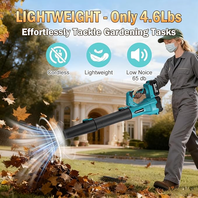 Leaf Blower Cordless 6 Speed Mode, 650CFM 290MPH Cordless Leaf Blowers with 2 X 4.0ah Batteries and Charger, 21V Electric Snow Blower, Gift Lawn Blower for Patio Cleaning, Lawn Care, Blowing Leaves