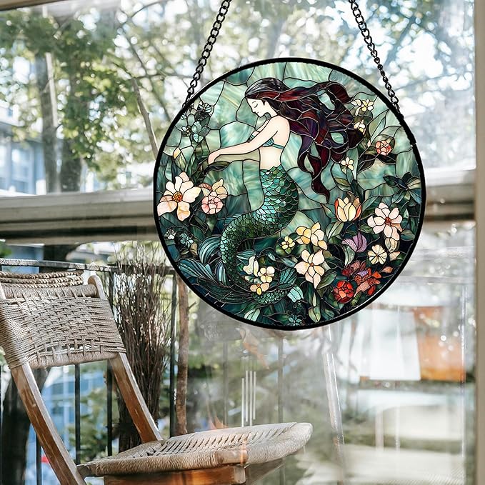 JOSUMALY Stained Glass Window Hanging - Teal Sleeping Mermaid Suncatcher for Door Terrace Garden Home Decor, Sea of Flowers Sun Catcher Birthday Gifts for Lovers Women Men Dad Mom Nana 6.3 in
