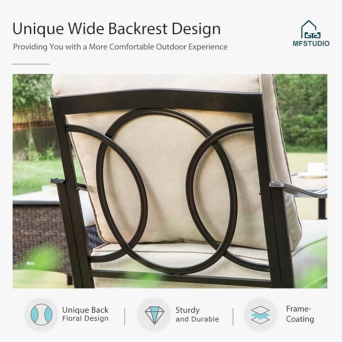 MFSTUDIO 4 Pieces Outdoor Patio Furniture Set, Metal Outdoor Conversation Set, Rattan Wicker Patio Sectional Set with 2 x Swivel Single Sofa, 3-Seat Sofa, 1 x Fire Pit Table, Beige