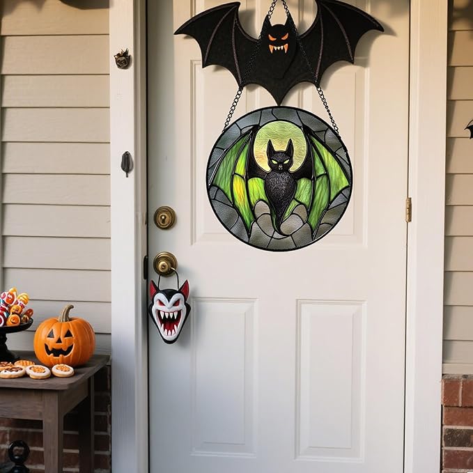 CRISGIF Stained Glass Window Hanging - Halloween Black Bat Green Wings Monster Suncatcher for Doors Garden Home Spooky Sun Catchers Gothic Decor Horror Gift for Women Men Friend Boy Girl 15 in