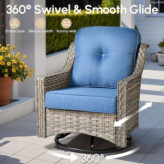 5 Pieces Patio Outdoor Furniture Set with Swivel Rocking Chairs,All Weather Wicker Rattan Patio Seating Sofa and Chair Set w/Glowing Table,Outdoor Conversation Sets for Deck Yard Garden,Blue