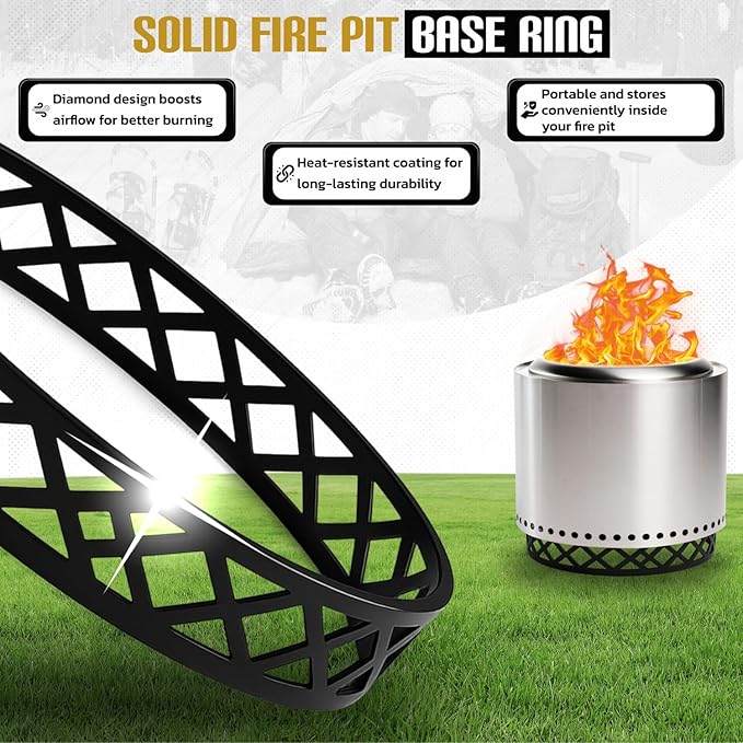FEBTECH - Smokeless Fire Pit Accessories Combo – 17" Carbon Steel Base, 20" Lid with 2 Wooden Handles – Bonfire Fireplace Tools for Camping, Patio, Backyard - Solo Stove Accessories