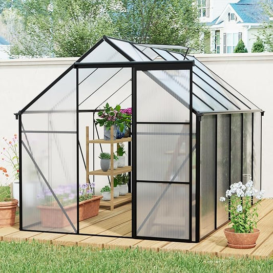 6×10 FT Black Polycarbonate Greenhouse for Outdoors with Aluminum Frame & Raised Base, Walk-in Green House with Sliding Door, Gutter System & Roof Vent, Heavy-Duty Outdoor Greenhouse