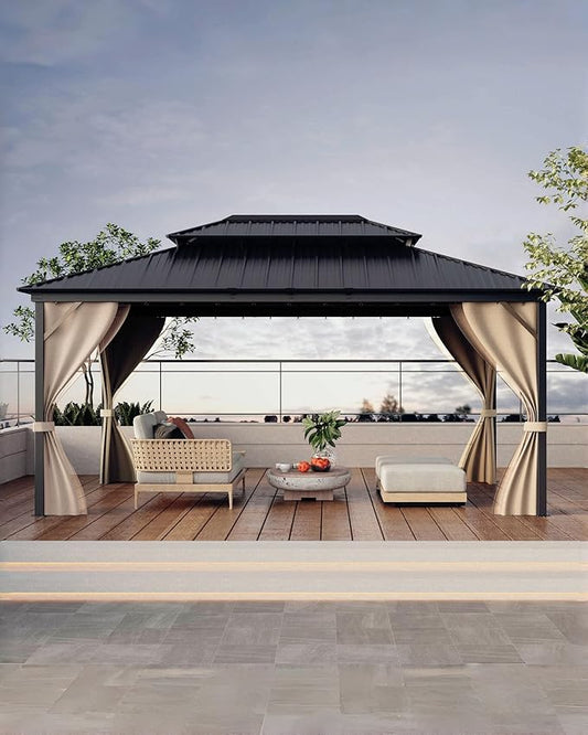GarveeLife Hardtop Gazebo 12 ft x16 ft for All Weather, with Double Metal Roof, Aluminum Alloy Frame, Net, and Curtain, Permanent Building for Patio, Deck, Backyard, Lawn, and Garden