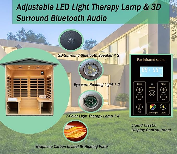 LTCCDSS Carbonized Composite Wood Outdoor Sauna 4-Person - Low EMF Far Infrared Sauna for Home - Bluetooth Speakers, LED Reading Lamps, Chromotherapy Lights (68.1 * 52.4 * 82.7 inch)