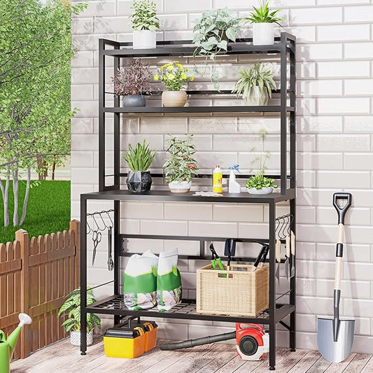 63" H Outdoor Metal Garden Potting Bench&Table with Metal Tabletop, 4-Tier Plant Shelf Rack, 8 Side Hooks, Outdoor/Indoor Gardening Workstation and Plant Stand, Black