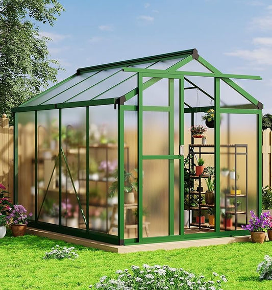 6x8 FT Greenhouse for Outdoors, Aluminum Greenhouse with Quick Setup Structure and Roof Vent, Polycarbonate Greenhouses Heavy Duty, Large Walk-in Green House for Winter Garden, Backyard, Patio, Lawn