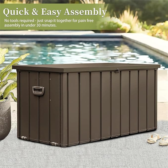 JOSHEN 200 Gallon Outdoor Storage Deck Box with Lockable and Mobile Roller, Large Steel Container Bin with Waterproof and UV Resistant for Garden, Patio, Dark Brown