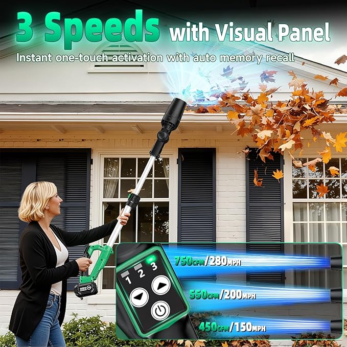 KIMO Leaf Blower Cordless with Battery and Charger, 310000RPM, 37Inch Telescopic Pole, 750CFM 280MPH, 3Speeds w/Smart Panel, Lightweight 2.5Lb, 2PCS 4000mAh Battery Operated Leaf Blower for Gutters