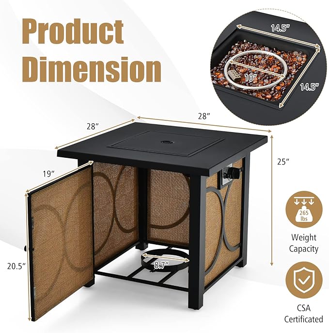 Giantex 28” Outdoor Fire Pit Table - 50,000 BTU Square Metal Fire Table with Lid, PVC Cover, Glass Stones, CSA Approved, 2-in-1 Ignition Propane Gas Fire Table for Outside Patio Garden Backyard Deck