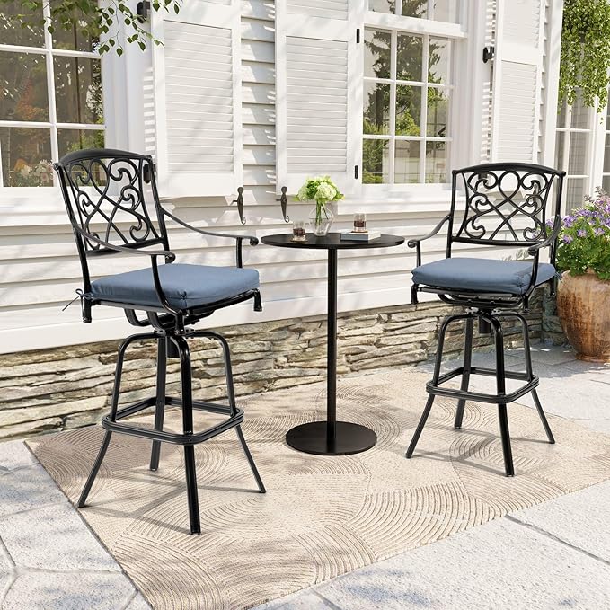 Crestlive Products Outdoor Bar Stools with Sunbrella Cushion Set of 2, 360° Swivel Patio Bar Height Chairs, All Weather Commercial Grade Furniture, Antique Brown Finish for Outside (Denim Blue)