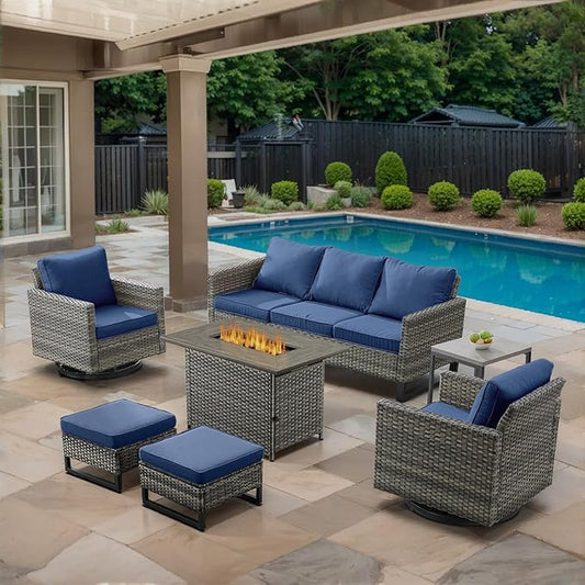 7 Piece Wicker Patio Furniture with Fire Pit Table - Outdoor Conversation Set with 50,000 BTU Fire Pit, All Weather Rattan Patio Set for Deck Backyard Garden - Grey Wicker Blue Cushion