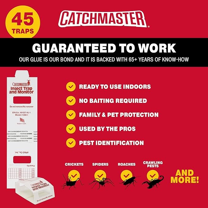 Catchmaster Spider & Insect Glue Traps 45-Pk (15 Sheets), Adhesive Cockroach Killer Glue Boards, Cricket Sticky Traps, Indoor Roach Trap for Home, Garage & Shed, Pest Control for Home