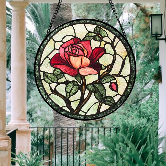 AMDERVEN Stained Glass Window Hanging, Red Rose Flowers Sun Catcher for Door Garden Home Decor Suncatcher Christmas Mother's Day Birthday Gifts for Women Lovers Men Wife Girlfriend Mom Nana 9.8 in
