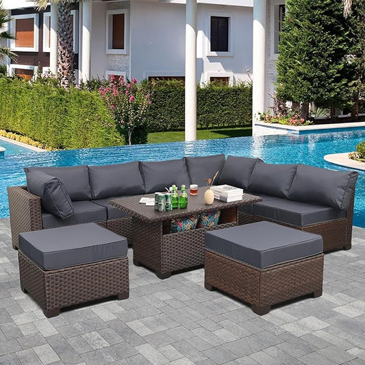 9 Pieces Wicker Patio Furniture Set Outdoor PE Rattan Sectional Conversation Sofa Set with Navy Blue Cushions and Storage Table