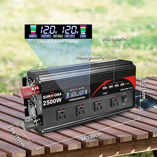 2500 Watt Inverter with LCD Display & Remote Control 12V DC to 110V/120V AC Converter Peak Power 5000W Car Inverter with 4 Sockets & 4 USB Ports for RV Truck Camping Off-Grid Solar System