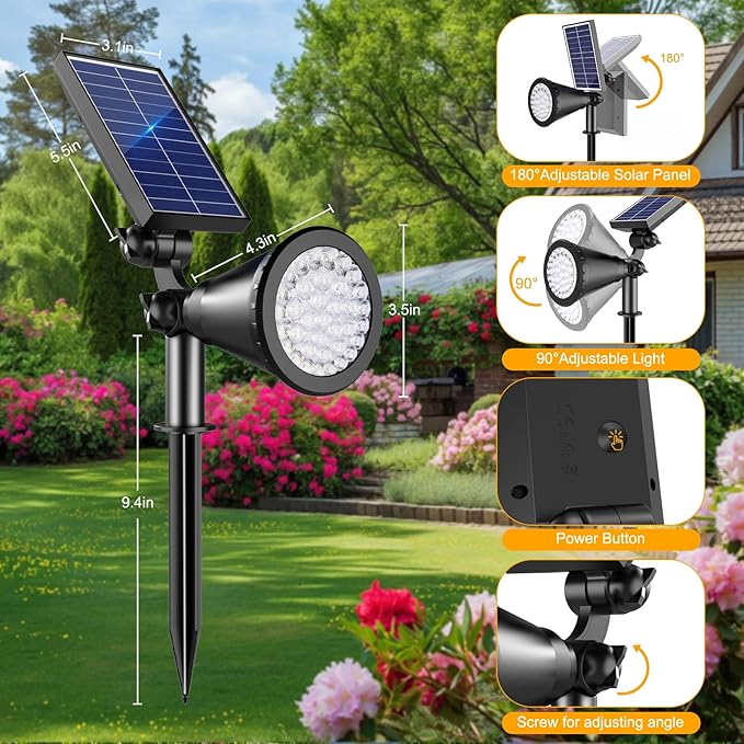 APOMAO Solar Lights Outdoor Waterproof, 36 LEDs 1000LM Adjustable Solar Spot Lights Outdoor, 2-in-1 Solar Powered Spotlight Landscape Lighting for Garden, Yard, Pathway- 2 Pack (Cool White)