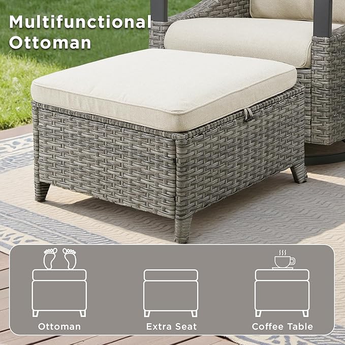 5 Pieces Patio Furniture Set - High Back Outdoor Swivel Rocker Chairs with Thick Cushions 2 Ottoman and Side Table, Wicker Patio Conversation Sets for Porch Deck Garden Backyard Gray/Beige