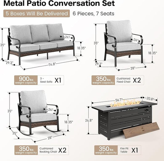 6 Piece Black Metal Outdoor Patio Furniture Set with Firepit Table, Patio Conversation Sets 1 3-Seater Couch, 2 Sofa, 2 Rocking Sofa with 5.75" Cushion for Backyard Deck, Light Gray