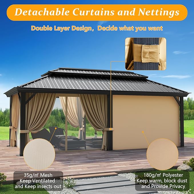 HOTEEL 12x20 Gazebo with Metal Roof & Drainage System, Heavy Duty Hardtop Gazebo with Flame-Retardant Curtain & Netting, Gazebos with Galvanized Steel Double Roof, Outdoor Gazebo Canopy for Patio
