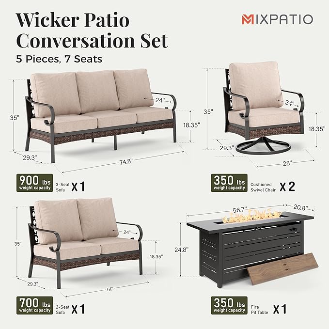 Patio Furniture Set with Firepit Table, Black Frame Outdoor Conversation Set with 2 x Swivel Chairs, 1 x 2-Seat Sofa, 1 x 3-Seat Sofa for Lawn Garden Backyard, Beige