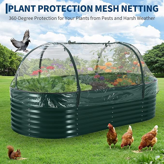 Oval Galvanized Raised Garden Bed Kit with Zippered PVC Cover, Easy Assembly, Thick Metal Outdoor Planter Box for Vegetables, Flowers, Patio Gardening, Dark Green