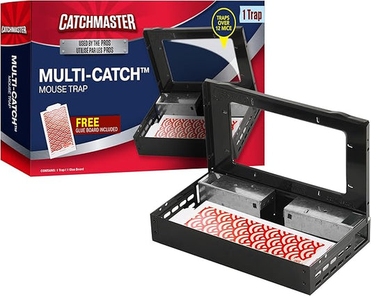 Catchmaster Multi-Catch Mouse Trap, Humane Mouse Trap Indoor for Home, Includes 1 Replaceable Glue Board, Live Catch Pest Control for Garage & Shed (Black)