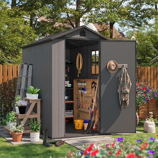 Patiowell 4 x 6 Resin Storage Shed with Floor, Outdoor Plastic Garden Shed with Lockable Door & Window, Easy Assembly Tool Shed for Backyard, Dark Gray