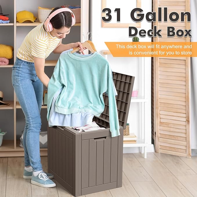 Outdoor Storage Box, Resin Deck Boxes Outdoor Waterproof For Patio Furniture, Garden Tools, Pool Supplies, UV Resistant, Lockable (32 Gallon, Grey)
